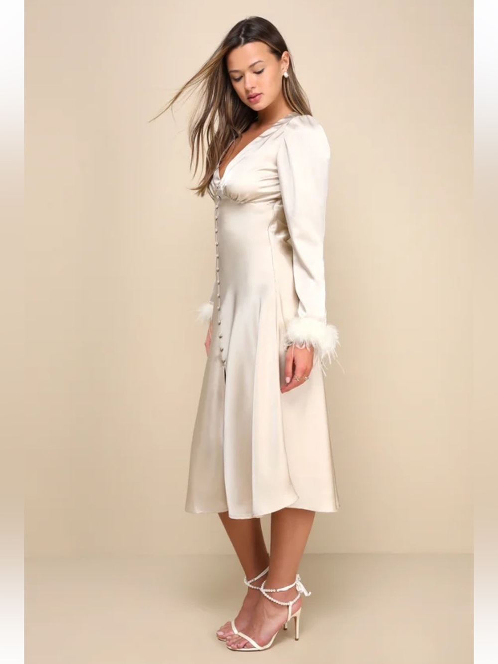 NWOT Lulus Precious Aura Champagne Satin Feather Long Sleeve Midi Dress Sz: XS - Picture 3 of 14